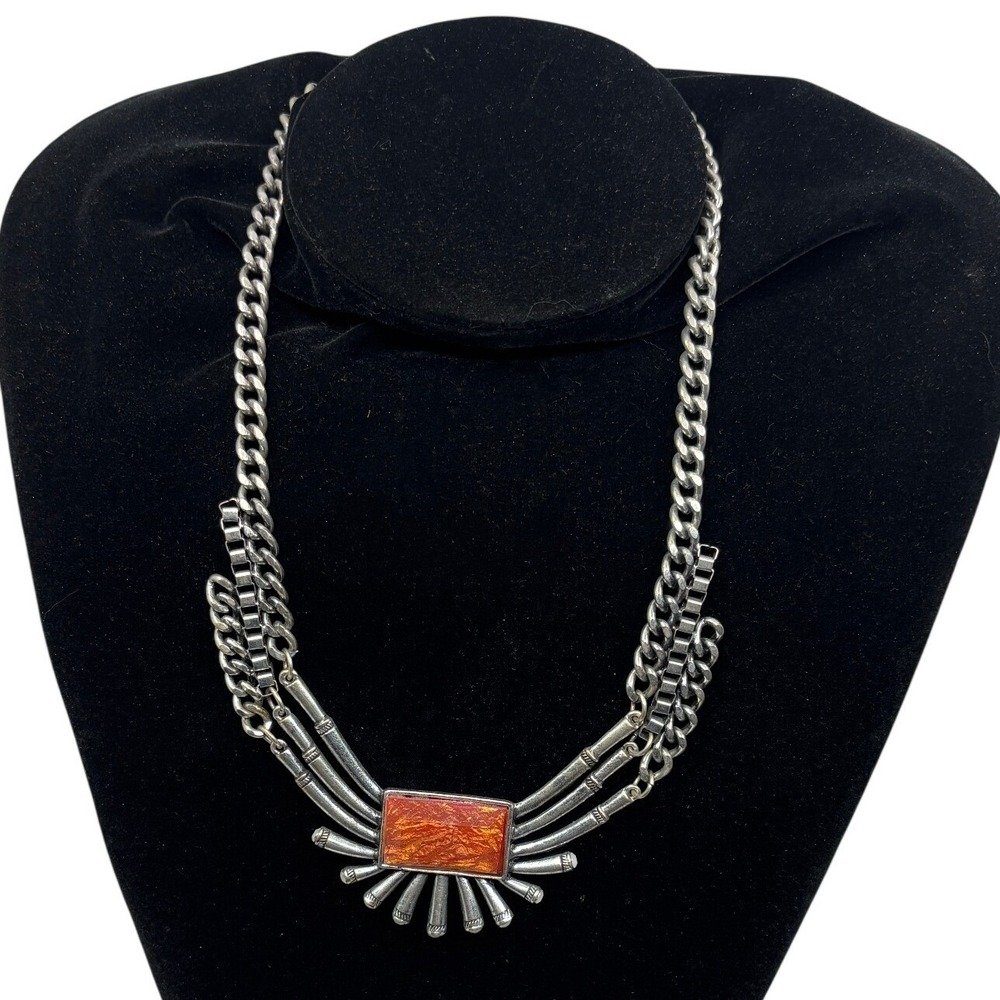 Silver Tone Bib Statement Necklace Orange Faux Amber Resin Sunburst Boho Tribal